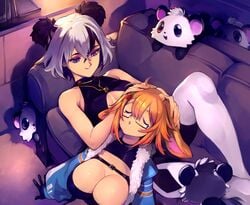 2girls admiral_bahroo big_breasts breasts bunny_ears bunny_gif cuddling female headpat indie_virtual_youtuber large_breasts optionaltypo panda panda_ears virtual_youtuber yuri