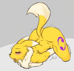 2020 anthro ass bandai_namco blush bodily_fluids digimon digimon_(species) dipstick_tail drooling female finger_fuck fingering fur half-closed_eyes hi_res looking_pleasured markings narrowed_eyes nude open_mouth renamon rusal32 saliva signature simple_background solo tail_markings tuft vaginal_penetration white_body white_fur yellow_body yellow_fur