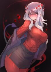 1girls absurdres black_horns black_jacket black_tail blazer demon_girl demon_horns demon_tail glowing glowing_eyes heart heart_eyes helltaker highres horns jacket long_hair modeus_(helltaker) ohako_(ohako1818) pantyhose red_eyes red_legwear red_sweater red_theme ribbed_sweater shaded_face sweater tail undressing white_hair