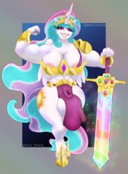 1futa amazon animal_genitalia anthro areola areola_slip armor artywitch big_breasts bikini_armor breasts bulge flexing friendship_is_magic fully_sheathed futa_only futanari huge_balls huge_sheath muscular muscular_female my_little_pony princess_celestia_(mlp) rainbow_hair sheath sheath_outline solo sword thick_thighs useless_clothing white_body wide_hips