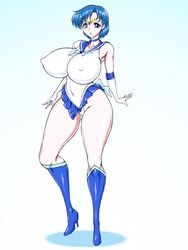 ami_mizuno big_ass big_breasts big_butt bishoujo_senshi_sailor_moon blue_eyes blue_hair clothing female female_only high_heel_boots high_heels huge_breasts large_breasts magical_girl marubayashi_shumaru miniskirt nipple_bulge sailor_mercury sailor_suit short_hair skirt solo thick_thighs