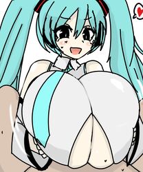 1boy 1girls alternate_breast_size big_breasts bimbo blue_hair blush breast_grab breast_hold breasts color engulfing_paizuri female female_focus gigantic_breasts hatsune_miku heart huge_breasts hyper_breasts large_breasts love_heart male massive_breasts paizuri paizuri_lead_by_female paizuri_on_lap paizuri_under_clothes straight sweat turquoise_hair twintails vaba vocaloid white_background