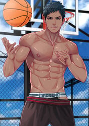 1boy abs aomine_daiki basketball basketball_court basketball_uniform biceps blue_eyes blue_hair kuroko_no_basuke looking_at_viewer male male_only maorenc muscle muscles muscular muscular_male pecs smile solo solo_male tagme