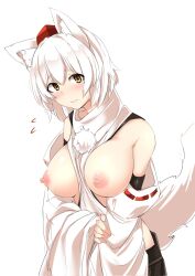 animal_ears black_skirt blush breasts breasts_out closed_mouth commentary_request detached_sleeves female flying_sweatdrops hat highres houkai_(collapse_illust) inubashiri_momiji large_breasts looking_at_viewer momiji_inubashiri nipples pom_pom_(clothes) red_headwear ribbon-trimmed_sleeves ribbon_trim short_hair simple_background skirt solo tail tokin_hat touhou upper_body white_background white_hair wide_sleeves wolf_ears wolf_girl wolf_tail