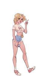 1girls 2020 blonde_hair braided_hair braided_ponytail character_sheet clothed_female female_focus female_only hayley_(kink_inc.) heart_symbol holding_phone kink_inc. light-skinned_female model_sheet nutaku orange_eyes pale-skinned_female peace_sign shoes short_shorts solo_female solo_focus tan-skinned_female tender_troupe transparent_background v