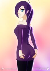 ass ass_grab blue_eyes braided_ponytail bubble_butt butt clothed clothing dat_ass dimaar eyelashes female goth looking_at_viewer looking_back pale-skinned_female petite ponytail purple_hair seductive_look sideboob solo tagme teenager zone-tan