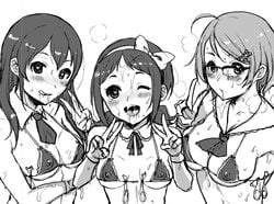 ahoge bikini bow_hairband condom condom_belt double_v glasses greyscale hair_ornament hairband hairpin heart heart-shaped_pupils idolmaster idolmaster_cinderella_girls micro_bikini monochrome multiple_girls muramatsu_sakura necktie new_wave_(idolmaster) ooishi_izumi osomatsu_(nanameno) ribbon sweat swimsuit symbol-shaped_pupils tsuchiya_ako used_condom v