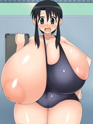 1girls alternate_breast_size areolae azumanga_daiou big_breasts black_eyes black_hair blush borscht breast_slip breasts clipboard collarbone eyebrows_visible_through_hair female female_only gigantic_breasts hand_on_hip holding holding_clipboard holding_object huge_breasts inverted_nipples nipples nyamo_minamo_kurosawa one-piece_swimsuit open_mouth short_hair solo solo_female standing swimsuit teacher thick_thighs voluptuous