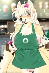 accessory allie_von_schwarzenbek anthro anthro_only apron apron_only areola belsnep beverage black_nose blonde_hair blue_eyes blurred_background blush body_blush breasts canid canine cleavage clothed clothing coffee_cup coffee_shop container cup digital_media_(artwork) female flower flower_in_hair fur furry furry_only genitals green_apron hair hair_accessory hair_over_eye holding_beverage holding_coffee_cup holding_cup holding_object holding_pen iced_latte_with_breast_milk long_hair looking_at_viewer mammal meme mostly_nude nelami nipples one_eye_obstructed open_mouth pen pink_areola pink_nipples plant pussy pussy_blush shaded solo steam tail text url