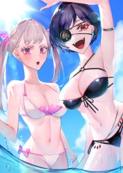 2girls black_clover black_hair eye_patch female female_only multiple_girls noelle_silva purple_eyes red_eyes royal short_hair silver_hair swimsuit twintails vanica_zogratis water