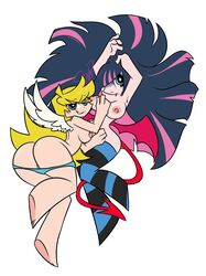 2girls alternate_species angel angel_wings bangs big_breasts blonde_hair blue_eyes blue_hair dark_blue_hair demon demon_tail demon_wings female_only goth hair_over_one_eye light-skinned_female light_skin multiple_girls panties panties_down panty_&amp;_stocking_with_garterbelt panty_anarchy pink_hair pixelzsinful signature sisters spiky_hair stocking_anarchy stockings striped_legwear style_parody tail thighhighs two_tone_hair watermark white_background wings