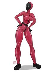 2021 covered_face female heart_(squid_game) large_ass large_breasts latex_bodysuit mask missdomme netflix pink_guard squid_game tagme thick_thighs wide_hips