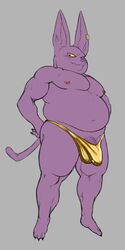 alien anthro belly bulge champa clothing domestic_cat dragon_ball dragon_ball_super ear_piercing ear_ring felid feline felis flaccid genitals hairless hairless_cat hi_res male male_only mammal musclegut navel nipple_piercing nipples pecs penis penis_base piercing purple_body solo speedo swimwear wkd yellow_eyes