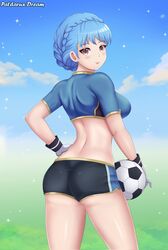 1girls alternate_costume ass back_view ball bare_thighs blue_hair breasts brown_eyes clothed clothing female fire_emblem fire_emblem:_three_houses football football_(ball) football_uniform light_blue_hair looking_at_viewer looking_back marianne_von_edmund medium_breasts nintendo patdarux sideboob smile soccer solo sportswear thighs