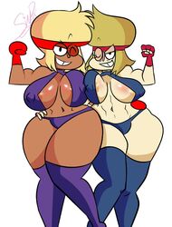 2girls abs blonde_hair carol_(ok_k.o.!_let's_be_heroes) carol_kincaid dark-skinned_female dark_skin female female_focus female_only huge_breasts light-skinned_female light_skin looking_at_viewer mature_female milf mother multiple_girls muscle ok_k.o.!_let's_be_heroes pixelzsinful selfcest wide_hips