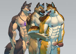 abs anthro balls barrel_(live-a-hero) biceps canid canine canis crystal domestic_dog erection genitals group group_sex hi_res humanoid_genitalia humanoid_penis jewelry lifewonders live-a-hero male male/male male_only mammal muscular muscular_anthro muscular_male necklace nipples nude pecs penis pubraseer redwolfalang sex threesome train_position video_games wolf