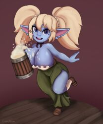 areola_slip areolae barmaid bartender beer big_breasts blonde_hair blue_skin breasts cranihum league_of_legends looking_at_viewer nipple_bulge pinup poppy purple_eyes riot_games running shortstack skirt smiling thick_thighs twintails wet yordle