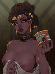 1girls arcane big_lips black_female breasts dark-skinned_female dark_skin dreadlocks earrings emmanuel_viola evviart female_only hairlocs jewelry league_of_legends lips medium_breasts mel_medarda necklace nipples solo solo_female undressing updo upper_body yellow_eyes