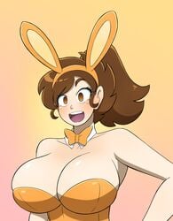 armpits bimbo bunny_costume bunny_ears bunnysuit empty_eyes huge_breasts kobi-tfs kobi_(kobi) leotard orange_leotard original smile