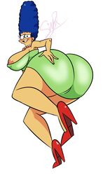 1girls alternate_breast_size blue_hair clothed clothing female_only high_heels huge_breasts looking_at_viewer low-angle_view marge_simpson mature_female milf mother nipple_slip pixelzsinful solo the_simpsons tube_dress yellow_skin