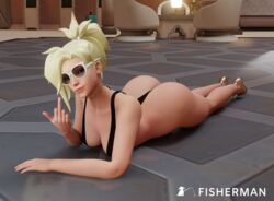 1girls 3d alternate_version_available angela_ziegler ass big_ass big_breasts big_butt black_swimsuit blonde_hair blue_eyes dat_ass female female_only fisherman glasses high_heels light-skinned_female light_skin lying mercy middle_finger on_stomach overwatch overwatch_2 prone_bone sling_bikini slingshot_swimsuit solo sunglasses swimsuit watermark