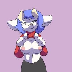 1:1 animated anthro bottomwear bouncing_breasts bovid breasts caprine clothing ears_down female fluffy fluffy_tail furry goat horns lembruh mammal monster_girl nipples pants pivoted_ears short_playtime simple_background smug solo sweater topwear yoga_pants