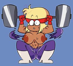 1girls abs big_breasts blonde_hair blush carol_(ok_k.o.!_let's_be_heroes) carol_kincaid cartoon_network dark-skinned_female dark_skin dumbbell embarrassed female female_only hairband mature_female milf mother ok_k.o.!_let's_be_heroes pixelzsinful ripped_clothing solo solo_female surprised_expression wardrobe_malfunction