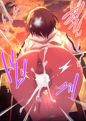 absurdres anus arched_back arms_behind_back ass bent_over brown_hair censored cloud cum cum_in_pussy ejaculation evening facing_away female from_behind grey_hoodie heart highres higuchi_madoka hood hood_down hoodie idolmaster idolmaster_shiny_colors invisible_man invisible_penis leaning_on_rail long_sleeves mosaic_censoring outdoors overflow panties panty_pull print_hoodie pussy railing red_sky saruanu sex sex_from_behind short_hair sky solo_focus standing straight underwear vaginal_penetration white_panties wing_print