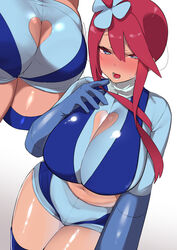 1girls absurdres ass ass_cleavage ass_cutout bangs blue_eyes blue_gloves blue_shorts blush breasts butt_crack cleavage cleavage_cutout clothing_cutout creatures_(company) crop_top dark-skinned_female game_freak gloves gym_leader hair_ornament heart_cutout highres large_breasts long_hair long_sleeves looking_at_viewer mitsudoue multiple_views navel nintendo open_mouth pokemon pokemon_(game) pokemon_bw red_hair shorts sidelocks skyla_(pokemon) thighs