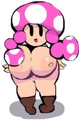 1girls big_areola big_breasts big_nipples black_eyes boots breasts chibi cubesmolly dark_eyes female female_only huge_areolae huge_breasts huge_nipples light-skinned_female light_skin looking_at_viewer mario_(series) mob_face mushroom naked naked_footwear nintendo nipples no_nose nude open_mouth pale-skinned_female pale_skin pussy shortstack simple_background small_mouth solo solo_female thick thick_thighs toadette twintails white_background wide_hips