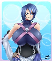 1girls aqua_(kingdom_hearts) artist_signature azraelwebster big_breasts blue_eyes blue_hair breasts clothed clothed_female collarbone detached_sleeves disney eye_contact eyebrows_visible_through_hair female female_only fingerless_gloves gloves hand_on_hip huge_breasts human human_only kingdom_hearts kingdom_hearts_birth_by_sleep looking_at_viewer short_hair smile solo solo_female square_enix standing straps upper_body