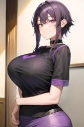 1girls ai_generated breasts choker clothed dark_purple_hair female huge_breasts indoors light-skinned_female light_skin medium_hair naughty_face purple_eyes purple_hair smile stable_diffusion suggestive_look t-shirt thick_thighs tight_clothing voiceroid yuzuki_yukari