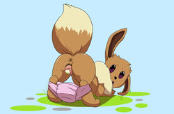 absurd_res ass ass_up black_nose brown_anus brown_body brown_butt brown_ears brown_fur brown_inner_ear brown_tail diaper eevee egg egg_from_pussy egg_laying female fur genitals hi_res looking_at_viewer looking_back moderately_ashamed moderatelyashamed nintendo one_ear_up open_mouth pink_pussy pokémon_(species) pokemon pussy raised_tail solo spread_legs spreading video_games