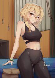 1girls abs absurd_res ass bare_shoulders big_breasts black_legwear blonde_hair breasts detailed_background genshin_impact hi_res highres hips large_breasts leggings looking_at_viewer lumine_(genshin_impact) maiini midriff short_hair solo sports_bra sportswear thick_ass thick_thighs thighs wide_hips yellow_eyes