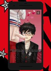 1boy 1futa akira_kurusu alternate_version_at_source ann_takamaki balls big_penis black_hair blonde_hair clothed clothing dickgirl dixieduckart duo erection fully_clothed futa_on_male futadom futanari human intersex joker_(persona) large_penis light-skinned_futanari light-skinned_male light_skin male malesub more_at_source mostly_clothed pale-skinned_female pale-skinned_male pale_skin penis penis_out persona persona_5 phone ren_amamiya short_hair smegma standing text uncut