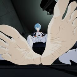 1boy 1girls 3d barefoot blue_hair clothing feet female foot_fetish foot_focus hi_res male miniboy neon_genesis_evangelion pale_skin plugsuit red_eyes rei_ayanami rellth shinji_ikari short_hair sweat toes wrinkled_skin