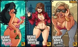 3girls adjusting_eyewear adjusting_glasses adjusting_sunglasses ass big_ass big_breasts black_hair blonde_hair breasts castleart cleavage dark-skinned_female female female_only grand_theft_auto grand_theft_auto:_san_andreas grand_theft_auto:_vice_city grand_theft_auto_iii jacket latina light-skinned_female misty_(gta) navel prostitute rear_view red_hair rochell’le rockstar_games sunglasses thick_thighs thong tinted_eyewear tongue tongue_out vice_city_cover_girl