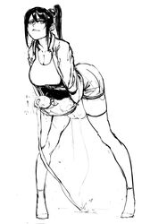 1futa balls bent_over big_balls big_breasts black_hair blazered00 breasts clothed clothing erection futa_only futanari huge_cock human jacket leaning_forward monochrome mostly_clothed penis ponytail precum precum_string short_hair sketch solo standing