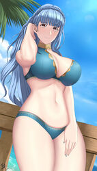 1girls adjusting_hair alternate_costume alternate_hairstyle arcedo bangs bare_thighs bikini blue_bikini blue_hair blue_nails blue_swimsuit breasts brown_eyes cleavage commission fire_emblem fire_emblem:_three_houses fire_emblem_heroes from_below hair_down large_breasts light_blue_hair long_hair looking_at_viewer looking_down marianne_von_edmund marianne_von_edmund_(summer) nail_polish nintendo official_alternate_costume smile solo swimsuit thick_thighs thighs