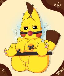 ass ball_gag big_breasts bigbonesart cosplay_pikachu electricity exposed_pussy female female_focus female_only fur furry gag gagged legs_up light_skin nintendo pikachu pokemon pokephilia pussy tape taped_nipples yellow_fur