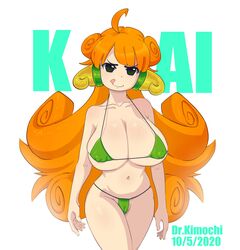 absurdres ahoge bikini breasts curly_hair doctor_kimochi dr.kimochi female green_bikini green_eyes headgear highres hip_focus huge_breasts kai_(battle_cats) kai_(nyanko_daisensou) micro_bikini navel nipples nyanko_daisensou orange_hair pussy smirk swimsuit the_battle_cats tongue tongue_out