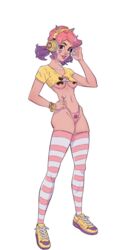 1girls 2020 brown_eyes cat_panties character_sheet female_focus female_only headphones headphones_on_head kink_inc. kitty_panties light-skinned_female lollipop looking_at_viewer makeup model_sheet nathalie_(kink_inc.) no_pants nutaku pale-skinned_female pasties pink_hair pink_panties pink_thong purple_highlights short_shirt sneakers solo_female solo_focus striped_legwear striped_panties striped_thighhighs tan-skinned_female tender_troupe thin transparent_background twintails whisker_markings x_pasties yellow_shirt