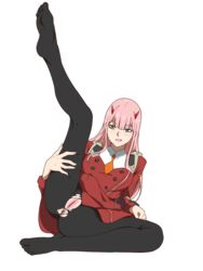 anus black_legwear darling_in_the_franxx fang female green_eyes joe_pae legs long_hair open_mouth pink_hair presenting presenting_pussy pussy solo torn_clothes torn_pantyhose uniform zero_two_(darling_in_the_franxx)