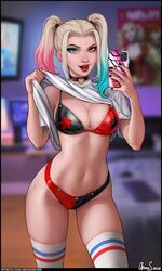1girls aroma_sensei batman_(series) blonde_hair blue_eyes blue_highlights breasts cellphone choker cleavage dc dc_comics earrings eyeshadow female female_only flashing harley_quinn harley_quinn_(series) large_breasts lipstick looking_at_viewer nail_polish navel navel_piercing open_mouth pink_highlights selfie solo thighhighs twintails