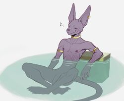 alien anthro bathing beerus blush domestic_cat dragon_ball dragon_ball_super ear_piercing ear_ring felid feline felis flaccid genitals gold_(metal) gold_jewelry hairless hairless_cat hi_res jewelry k0bit0wani male male_only mammal nipples nude penis piercing purple_body solo water