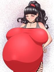 1girls absurdres black_hair breasts choker female female_only highres huge_belly huge_breasts hyper_belly hyper_pregnancy kristiadder non-nude pregnant ready_to_pop red_eyes solo