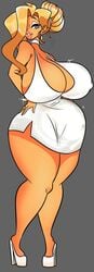 1girls bimbo bimbo_lips blonde_hair blue_eyes cleavage clothed clothing daphne_(babie_fluff) dress female female_only hair_bun hair_over_one_eye hourglass_figure huge_breasts human light-skinned_female light_skin pixelzsinful shiny_dress white_dress wide_hips