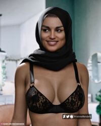 3d bra dark-skinned_female dark_skin hijab large_breasts lingerie pinup pristinerenders sarah_(pristinerenders) slushe_(website) smile tagme