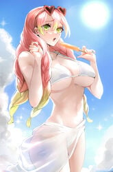 bangs beach big_breasts bikini braided_hair cleavage demon_slayer female female_only green_eyes heart-shaped_eyewear kanroji_mitsuri kimetsu_no_yaiba long_hair looking_at_viewer mole_under_eye open_mouth outside pink_hair popsicle sarong sky solo sun sunglasses_on_head swimsuit the_kingduke tommietomm two_tone_hair underboob water white_bikini