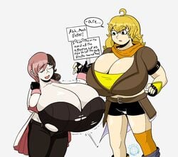 2girls blonde_hair breast_comparison breast_expansion brown_eyes brown_hair clothed clothing gigantic_breasts heterochromia huge_breasts hyper_breasts kingmelon multicolored_hair neo_(rwby) pink_eyes pink_hair popped_button purple_eyes ripped_clothing rwby shortstack text yang_xiao_long